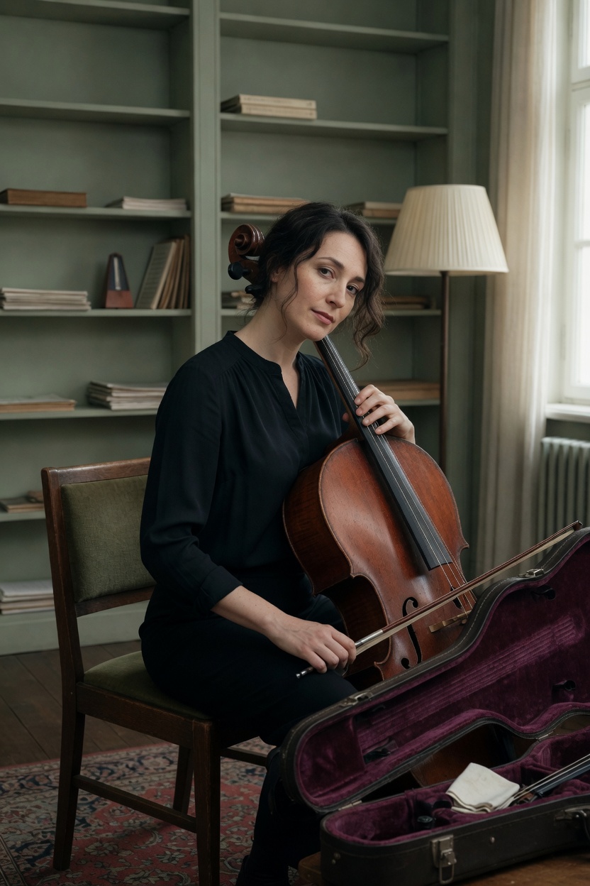 Adele in a black blouse, dark wavy hair, pale skin, seated with a cello, case open on the floor.