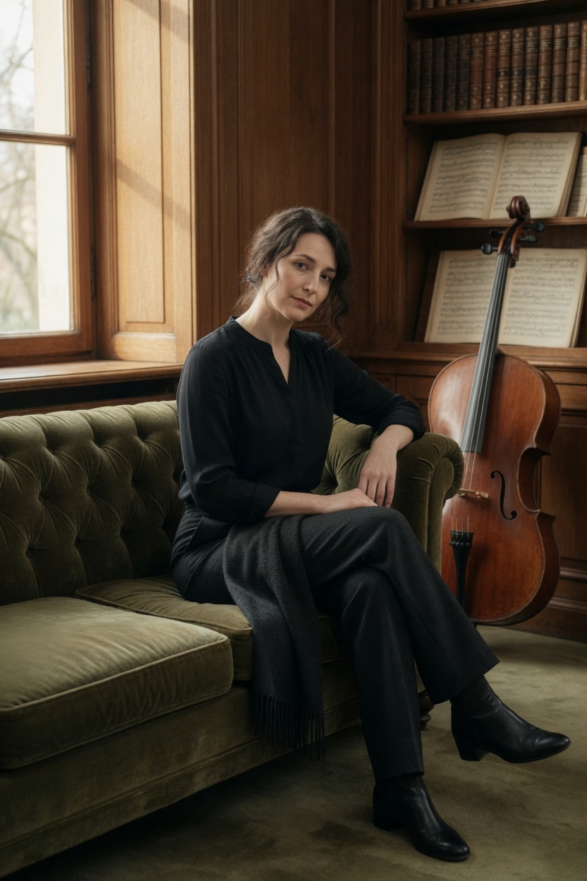 Adele on a music-room sofa in the black blouse, a dark scarf in her lap, cello in the corner.