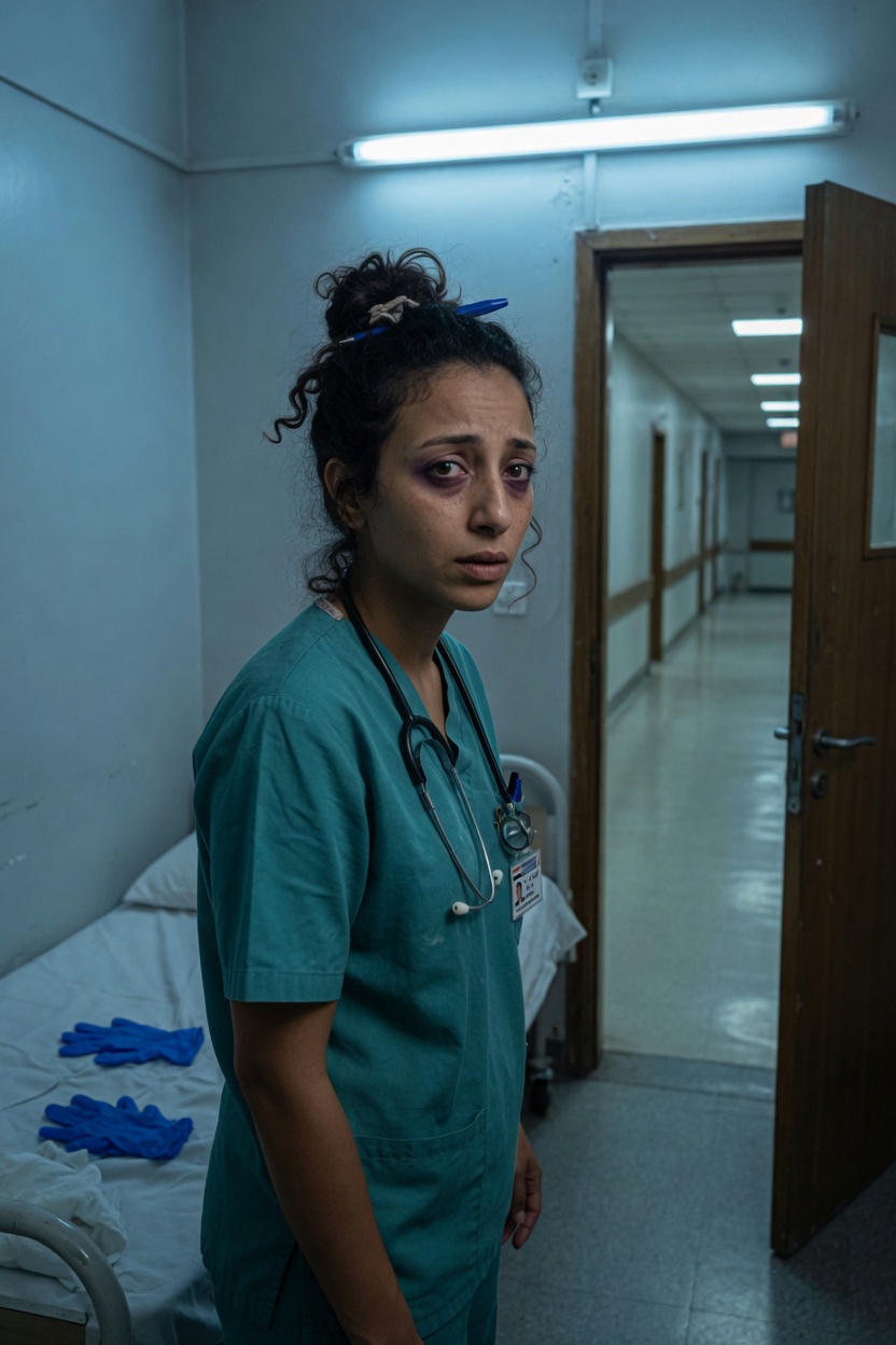 the cot, the gloves, the unlocked door, my scrubs at my knees and my eyes on the hall.
