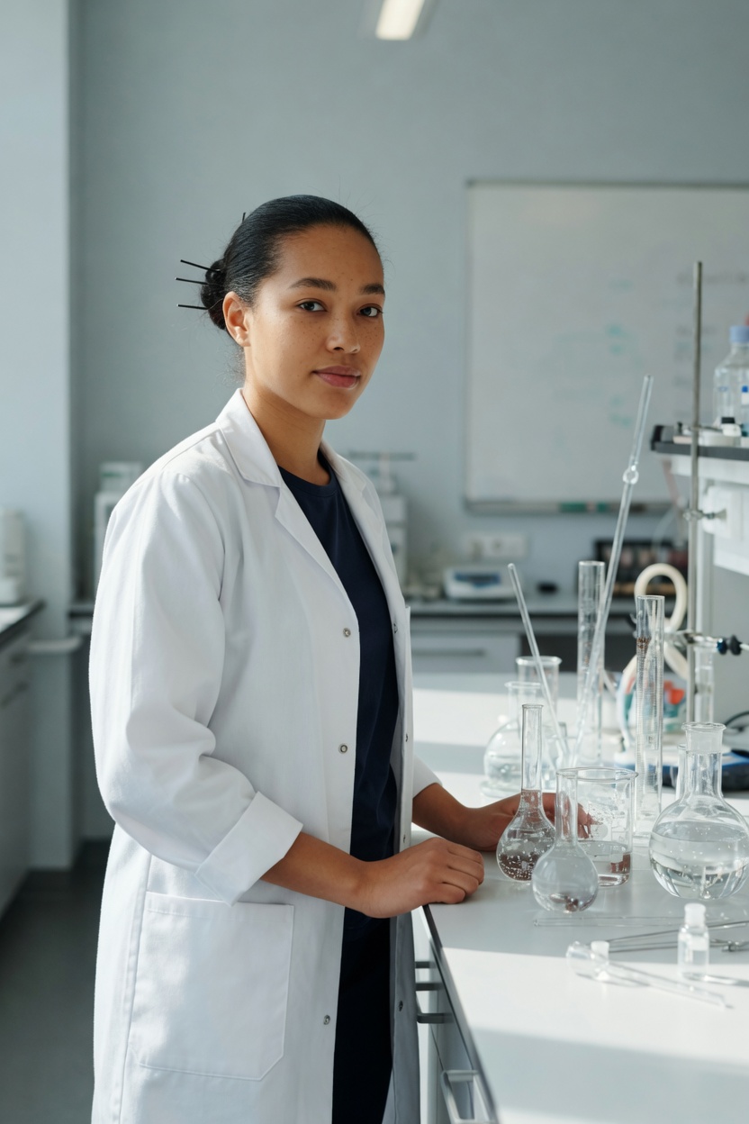 Alina in a white lab coat over a navy tee, hair in a bun, standing at a bright bench with unlabeled glassware.