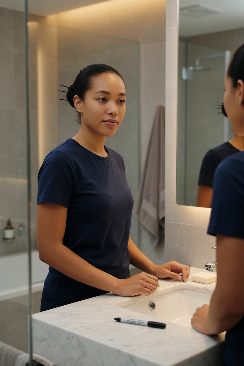 Alina at home, lab coat off, navy tee, standing before a bathroom mirror, a washable pen on the sink.