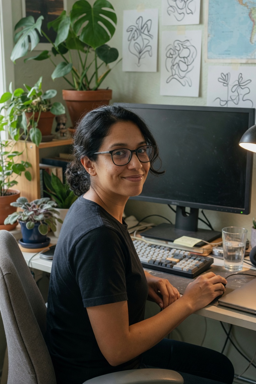 Anika with glasses, black tee, medium brown skin, seated at a home desk, monitor dark, plants on the shelf.