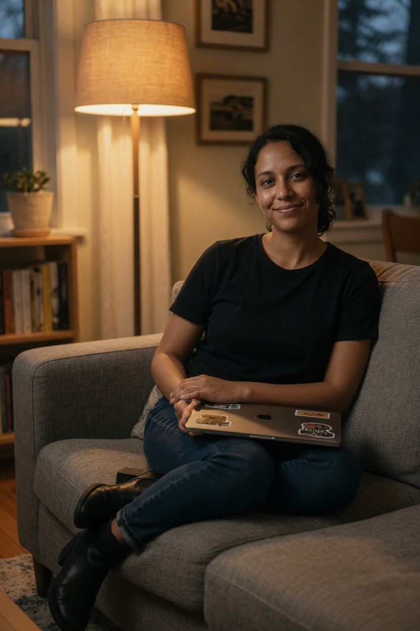 Anika on a couch in the black tee, glasses on, laptop closed, evening lamp.