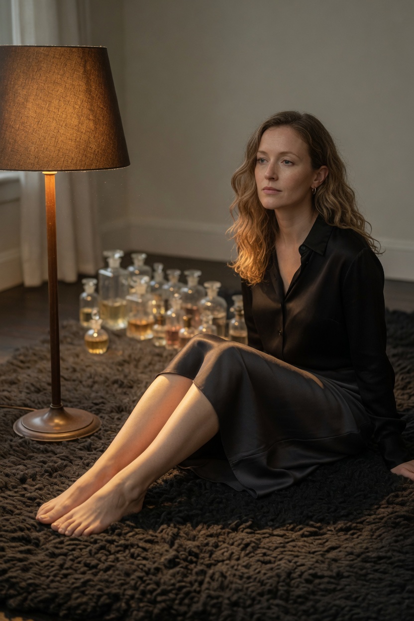 Anouk on a dark rug in the black silk blouse and a skirt, bare feet toward the lamp, perfume bottles soft behind her.