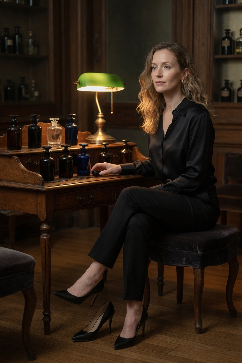 Anouk in a black silk blouse, seated at a perfume bench with unlabeled bottles, one shoe off.