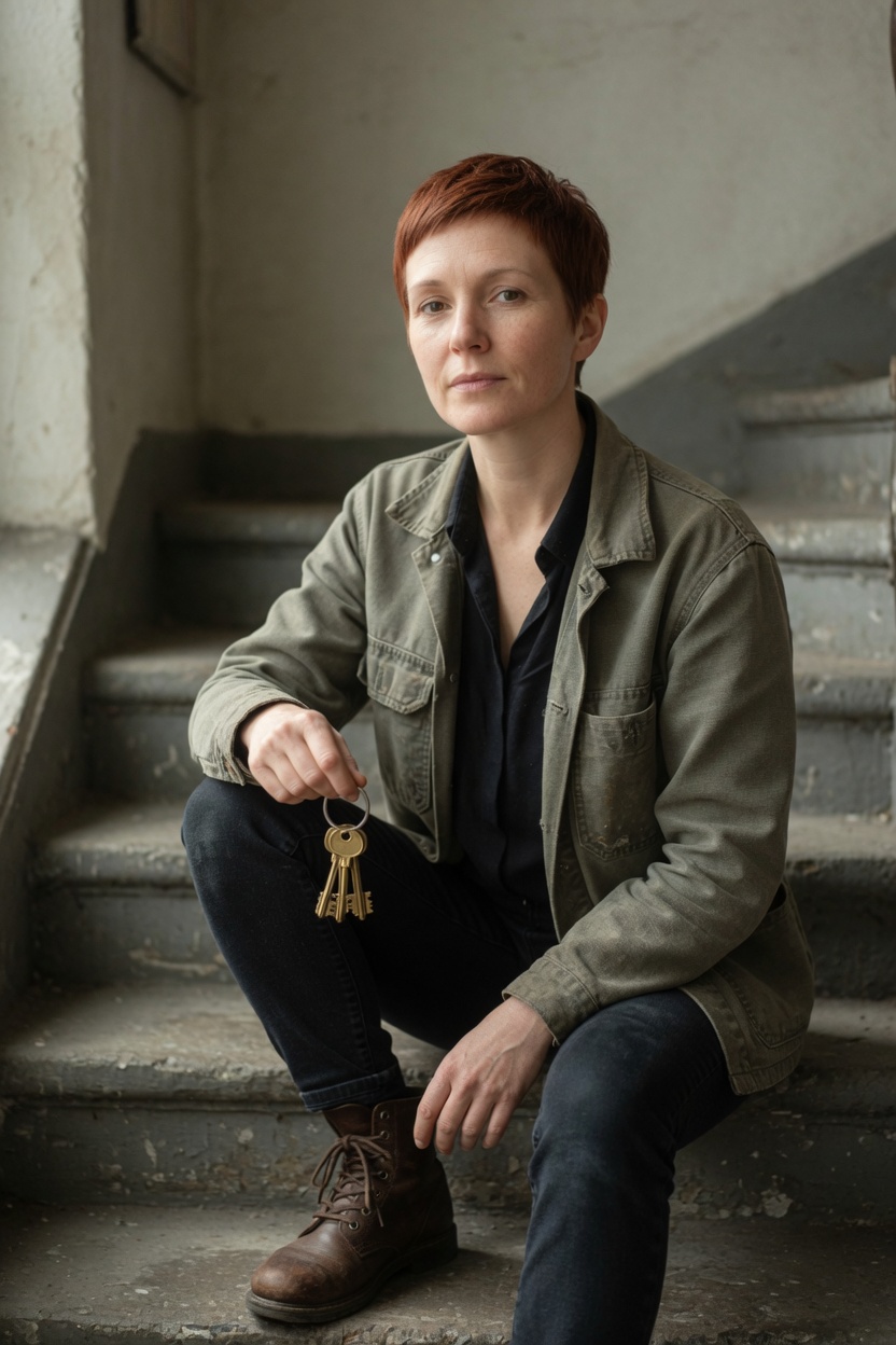 Arden in a canvas jacket and black shirt, pixie mussed, seated on a stair, keys in her hand with no readable fob text.