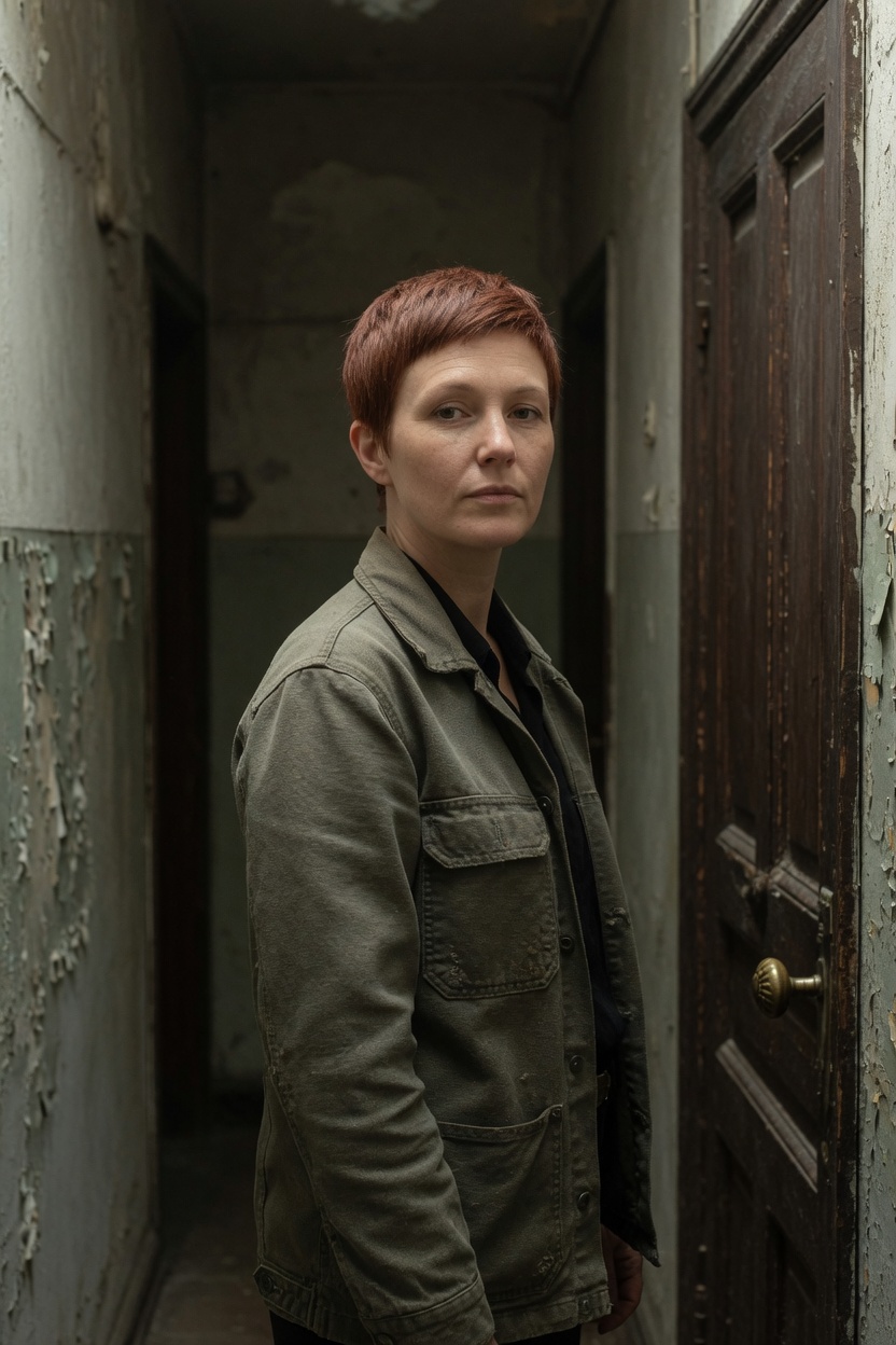 Arden with an auburn pixie and a canvas jacket, standing in a narrow dim hallway, a closed door beside her.