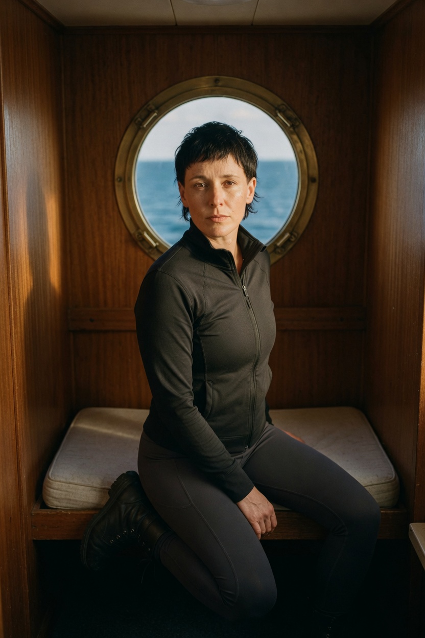 Astra in a black zip jacket, short hair, seated on a narrow bunk in a small wood room, a porthole behind her.