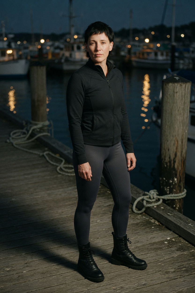Astra with short dark hair, black zip jacket and dark leggings, standing on a wooden dock at night, water behind her.