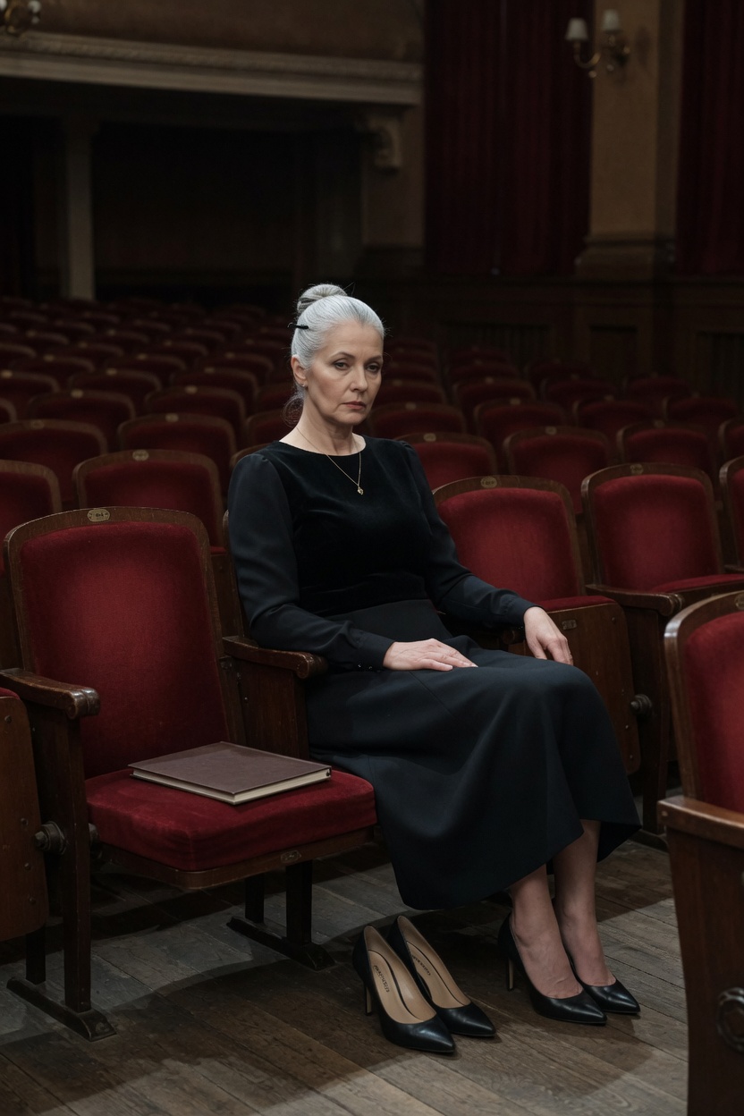 Beatrix seated in an empty hall seat, black dress, heels off, score closed on the next seat.