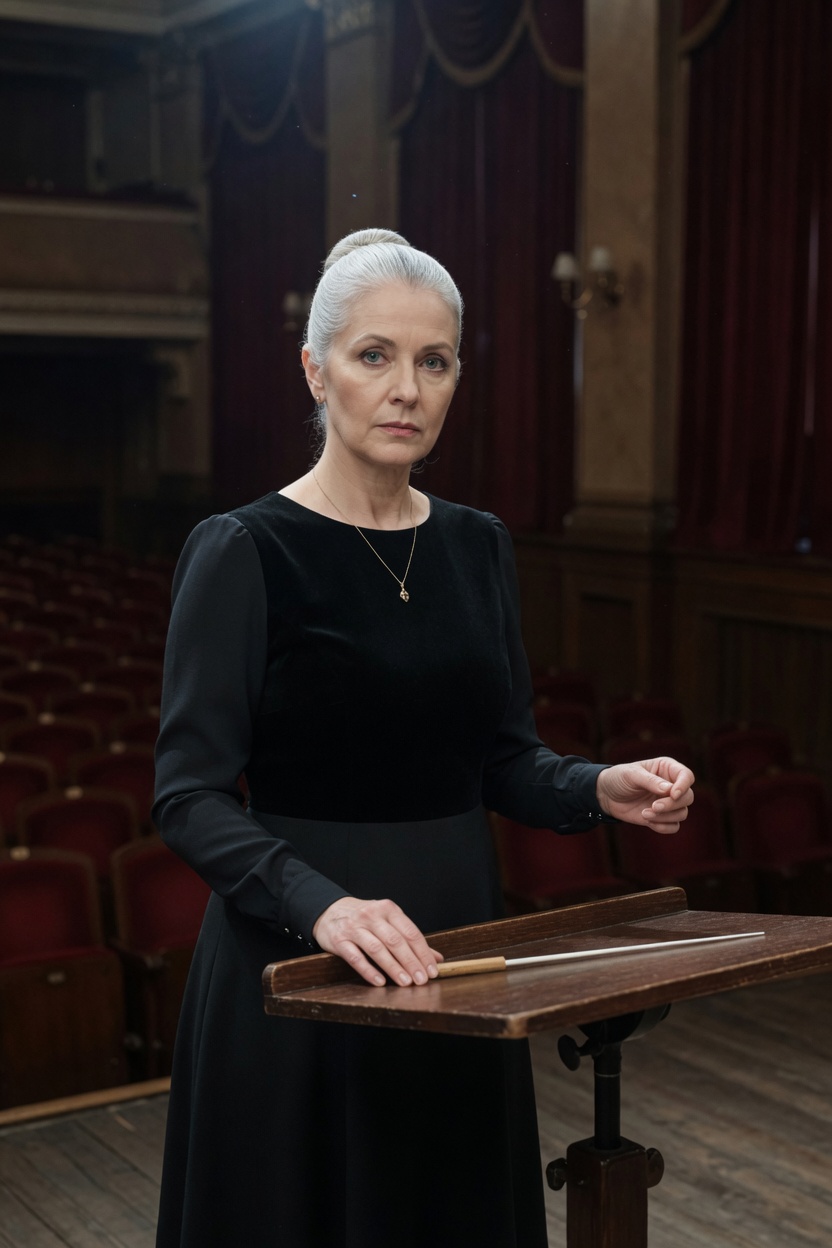 Beatrix in a black concert dress, silver hair in a bun, standing at an empty podium, baton on the stand.