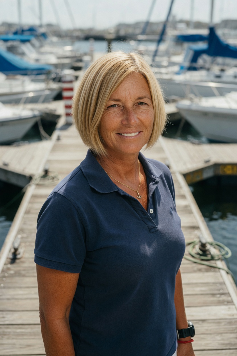 Belinda with a sun-bleached bob, plain navy polo with no lettering, standing on a wooden dock, boats soft behind her.