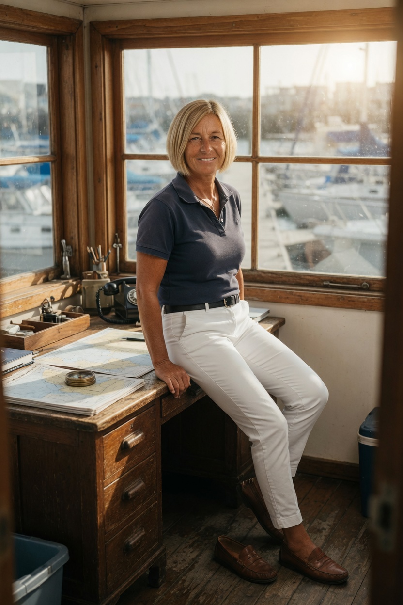 Belinda seated on a desk in a small dock office, navy polo, one shoe off, window on the water.