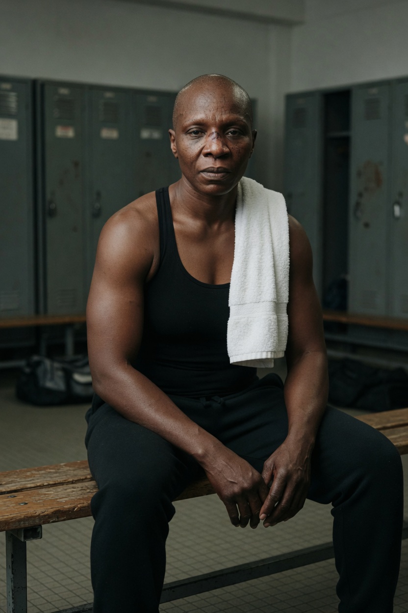 Bex in a black tank, shaved head, seated on a wood bench in a locker room, towel over one shoulder, clothes on.