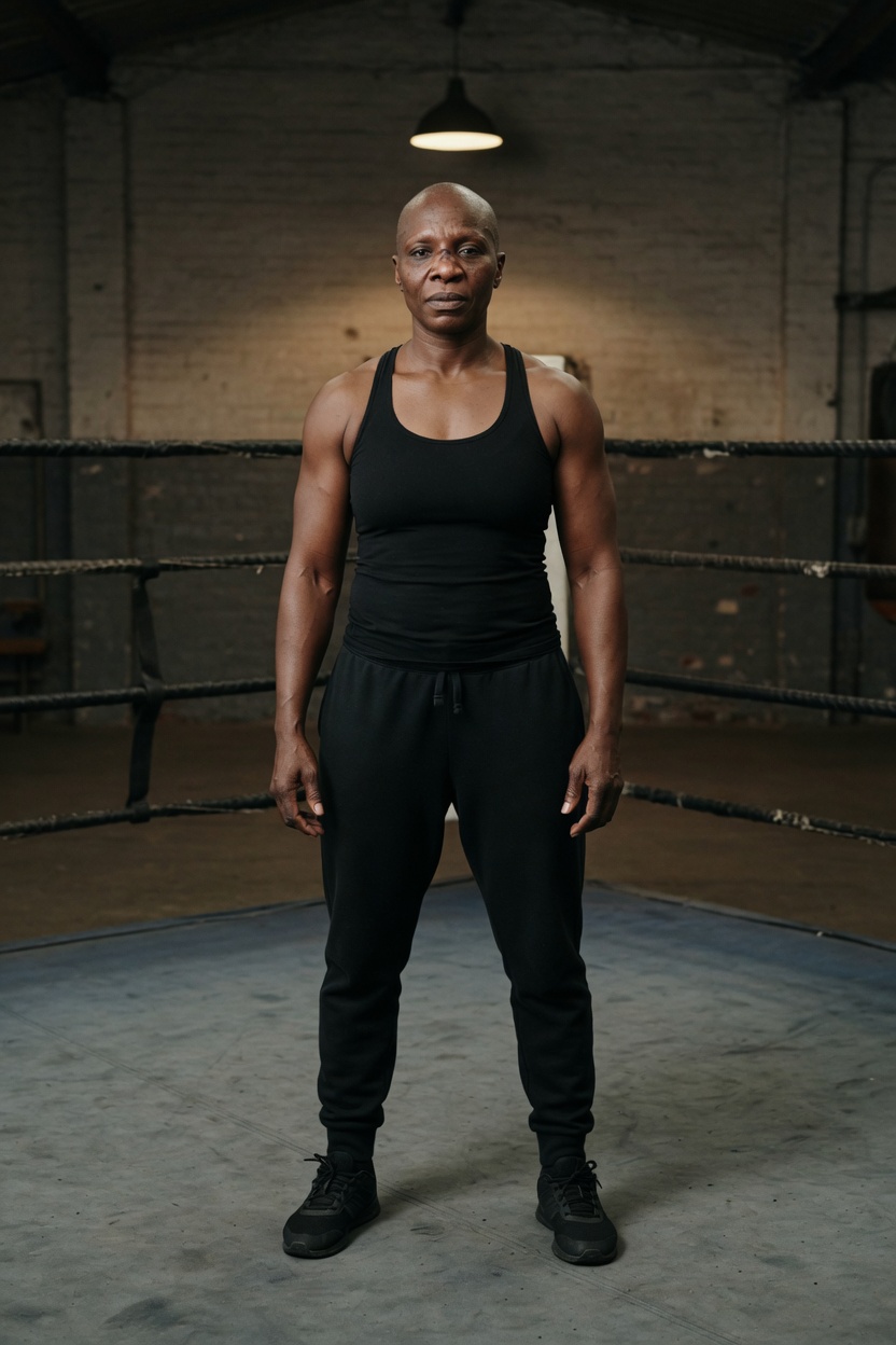 Bex with a shaved head and brown skin, black tank and sweatpants, standing in an empty boxing ring, ropes plain, no logos.