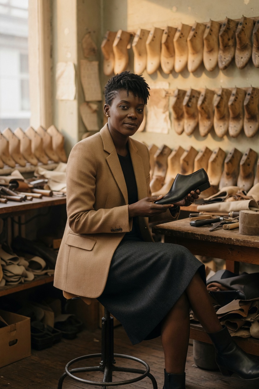 Bianca in a camel blazer and a dark skirt, seated among wooden shoe lasts, holding a plain pump.