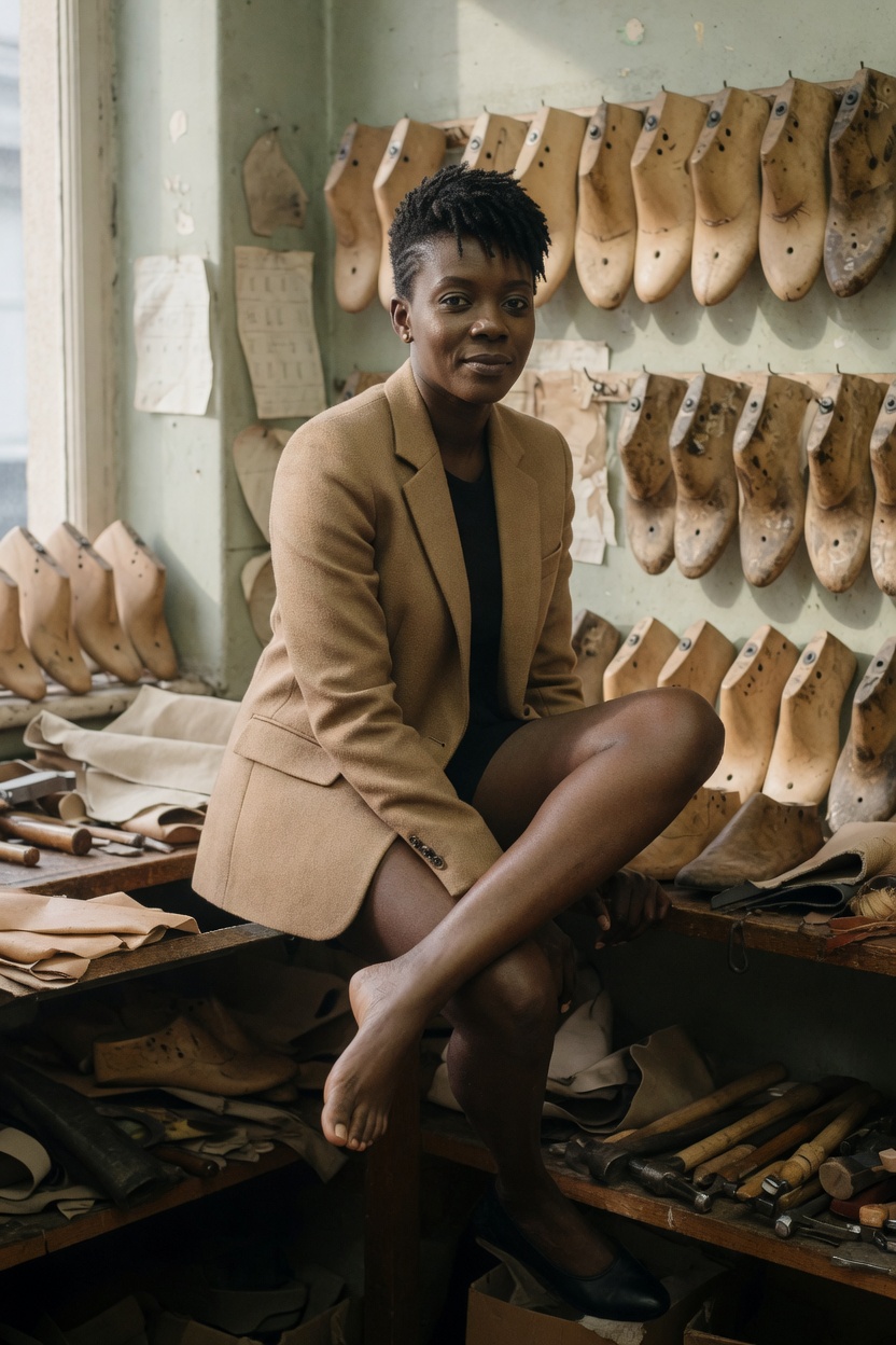 Bianca in a camel blazer, seated among wooden shoe lasts, one bare foot extended.
