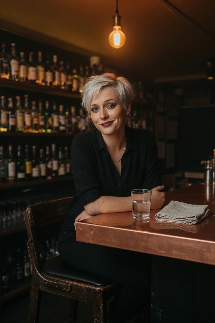 Bobbi on a bar stool, black shirt, a glass of water and a folded towel on the copper bar, warm bulb overhead.