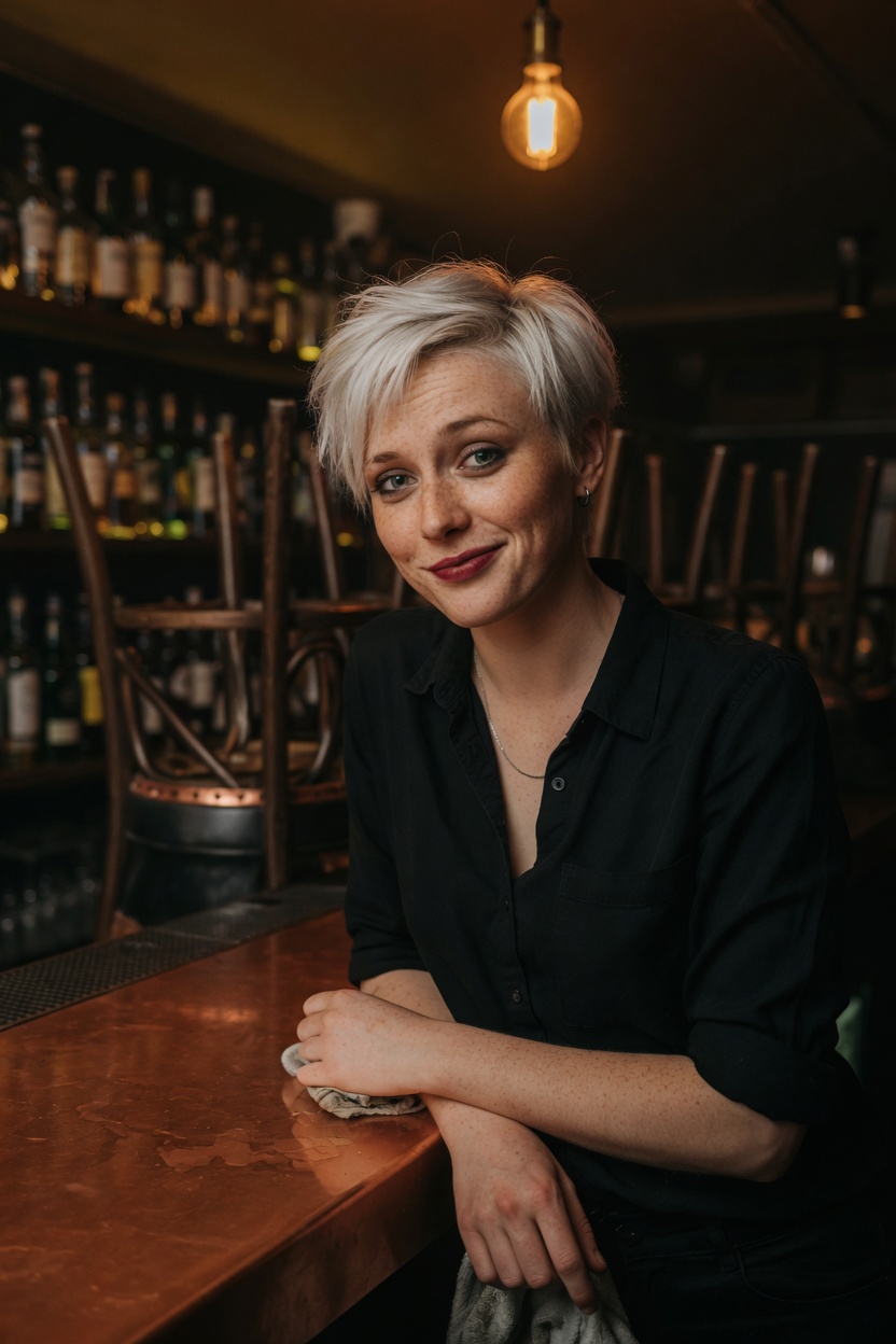 Bobbi with a platinum pixie, black shirt, leaning on a copper bar after close, stools up.