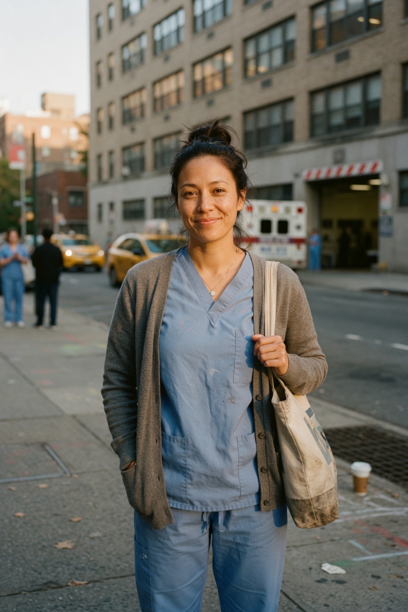 Bridget in blue scrubs and a grey cardigan, canvas tote on her shoulder, standing on a city sidewalk.