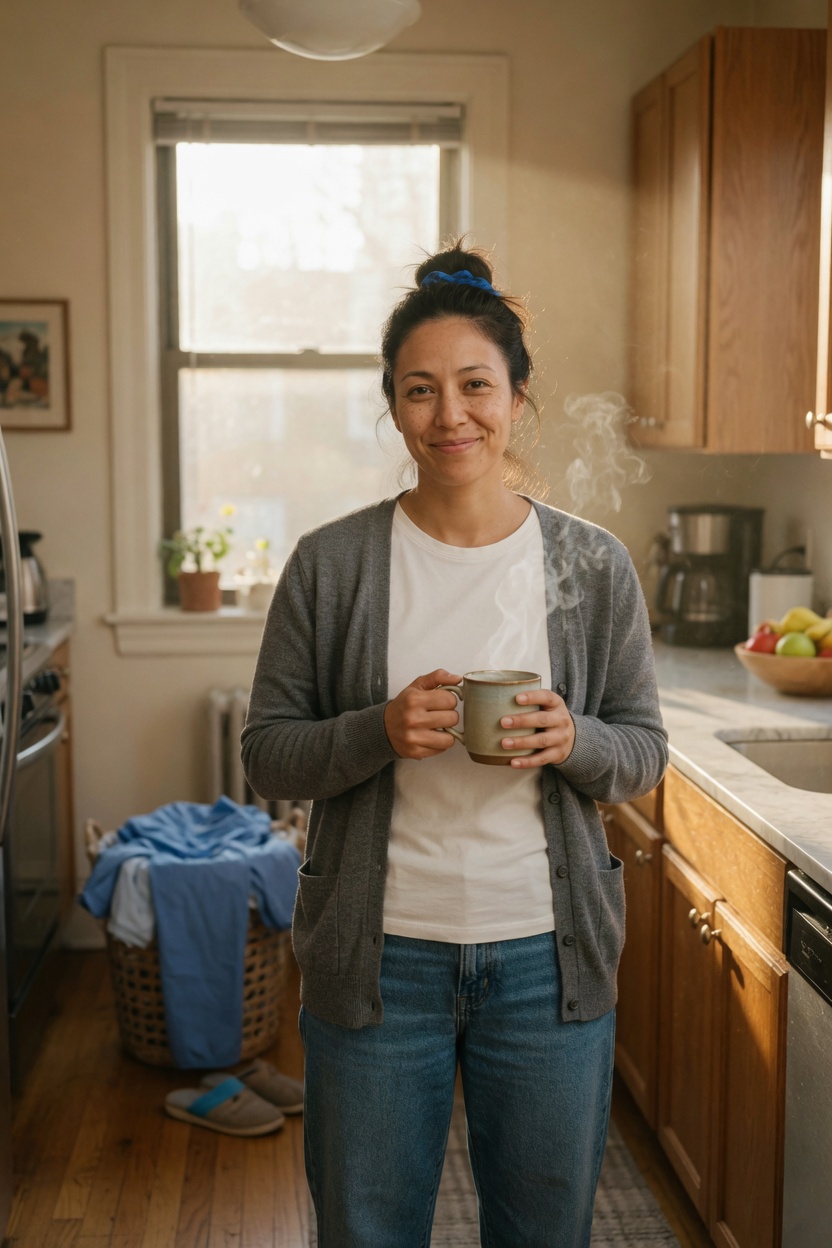 Bridget in the grey cardigan over a t-shirt, scrubs in a laundry basket, morning kitchen, mug in her hand.