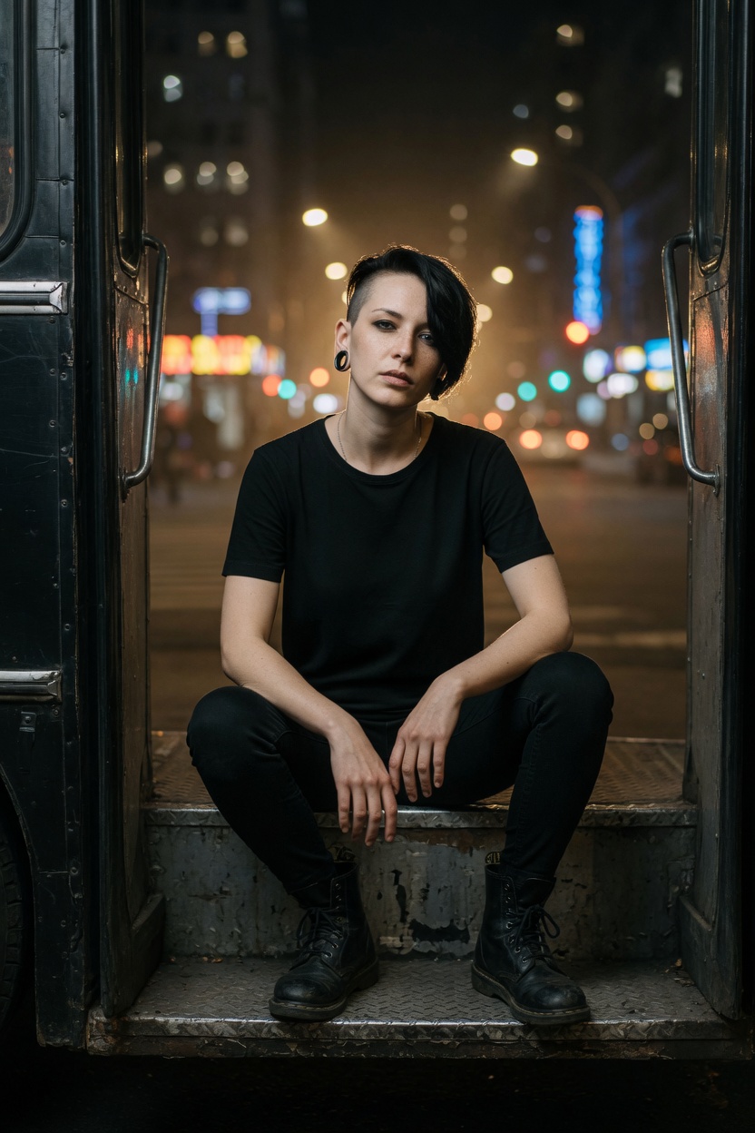 Brin in a black t-shirt, undercut, seated on the step of a dark bus, boots on, lot lights behind her.