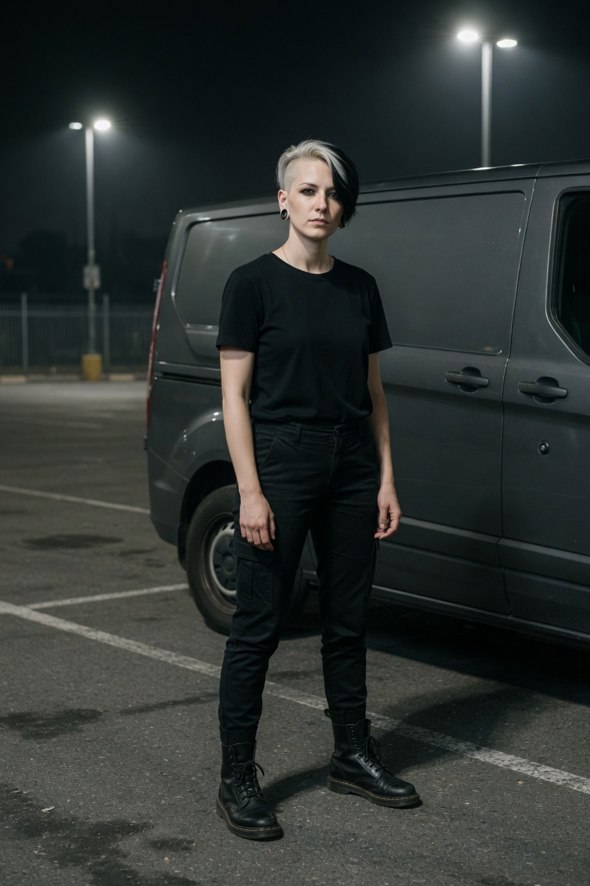 Brin with a pale undercut, black t-shirt and pants, standing in a night parking lot beside a plain dark van.