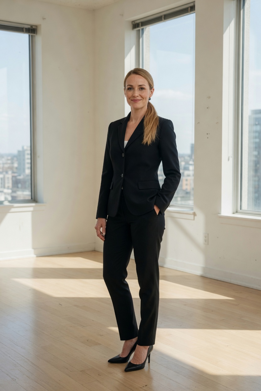 Brooke in a black blazer and heels, honey-blonde ponytail, standing in an empty bright apartment.