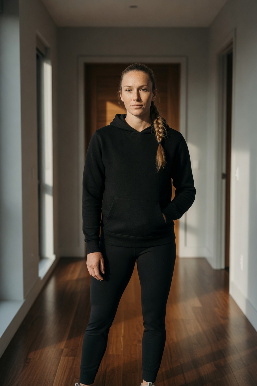 Brynn, an adult woman of 26, dark blonde braid, black hoodie, standing in a crowded house hallway, no readable posters.