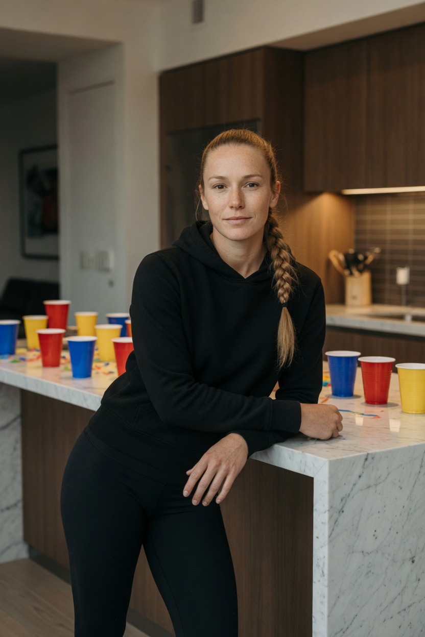 Brynn in a black hoodie and leggings, braid loose, leaning on a kitchen counter, party cups in the background with no readable logos.