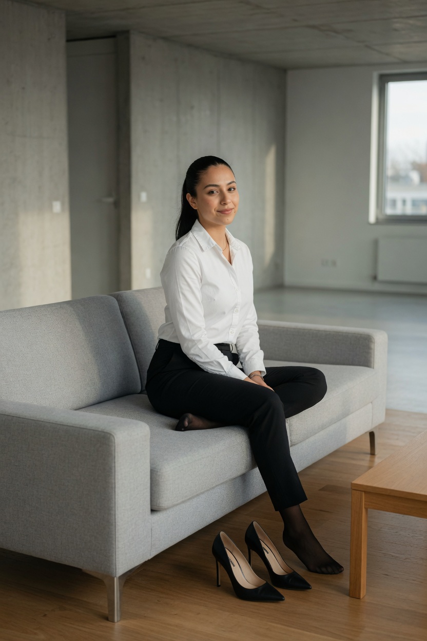 Caitlin in the white shirt untucked, seated on a sofa in a spare apartment, heels on the floor.