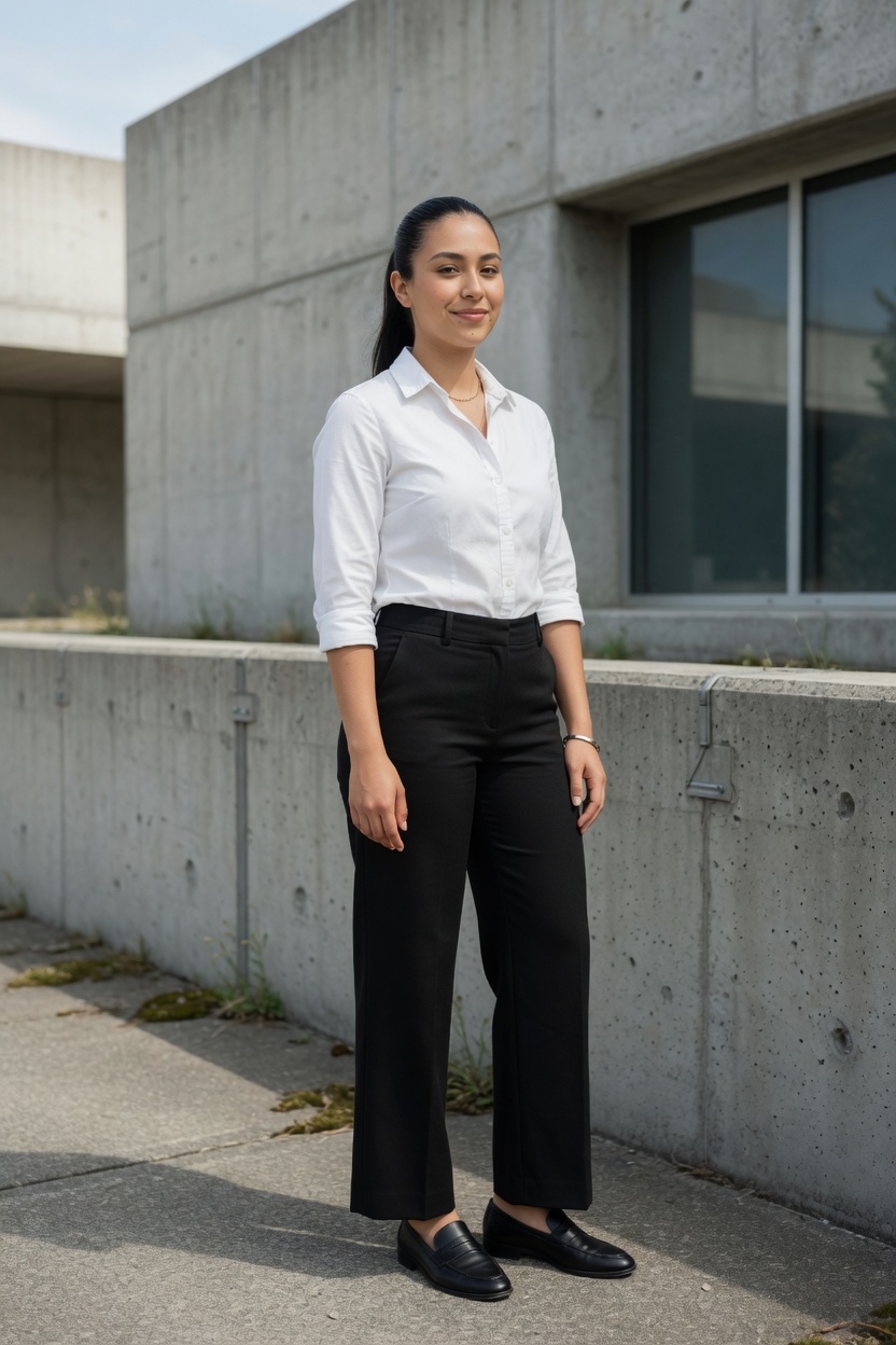 Caitlin in a white shirt, dark hair in a ponytail, standing by a concrete building in daylight.
