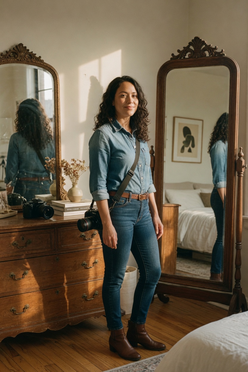 Camille in a denim shirt, standing before a tall mirror, camera on the dresser.