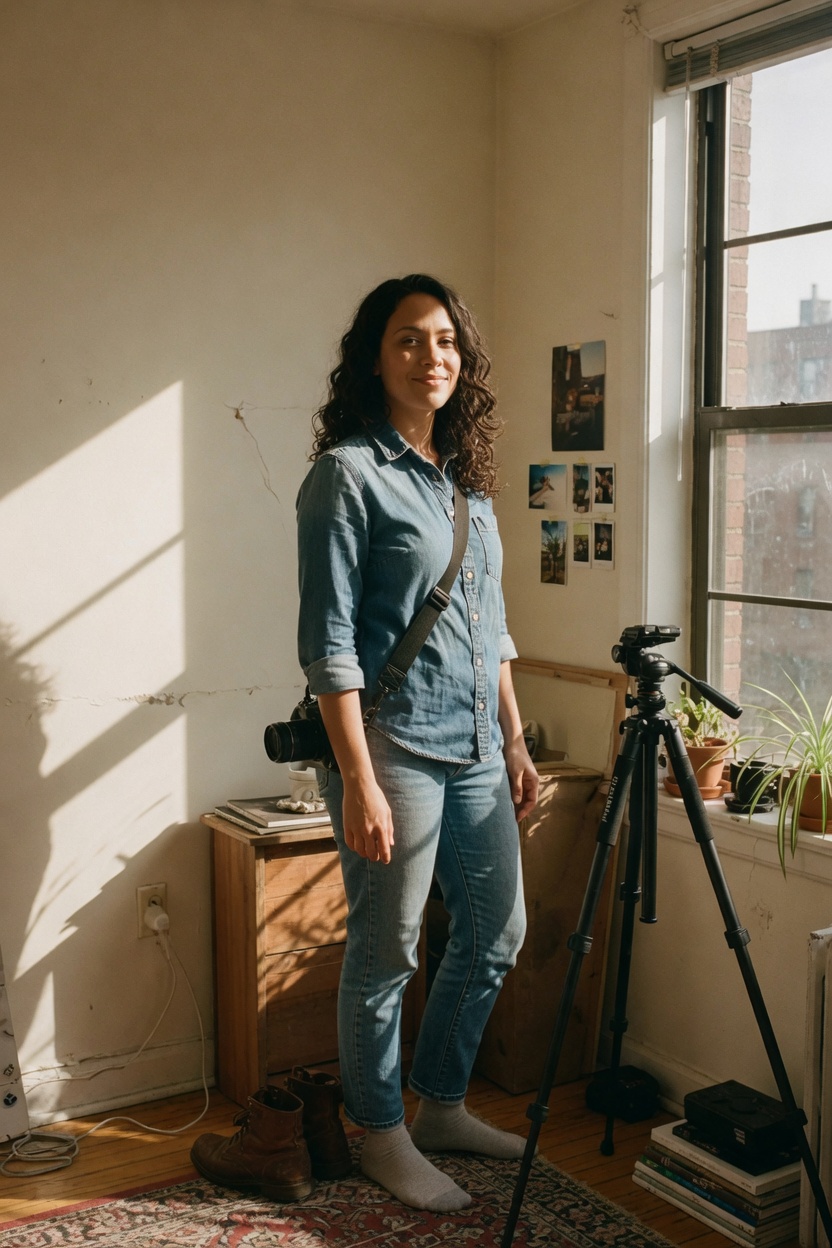 Camille in a denim shirt, camera strap on, standing at an apartment window, shoes off on the floor.