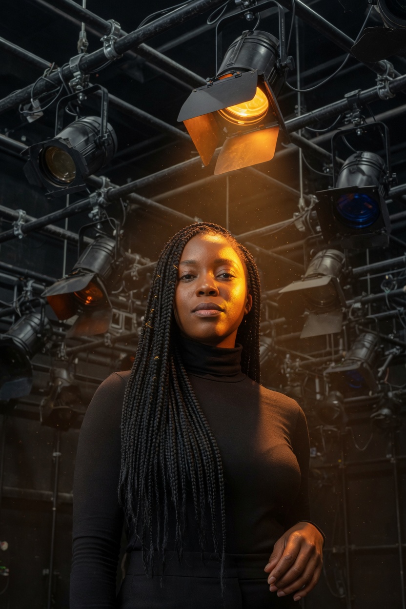 Celeste in a black turtleneck, long box braids, standing under a theater lighting grid with a warm amber light on her face.