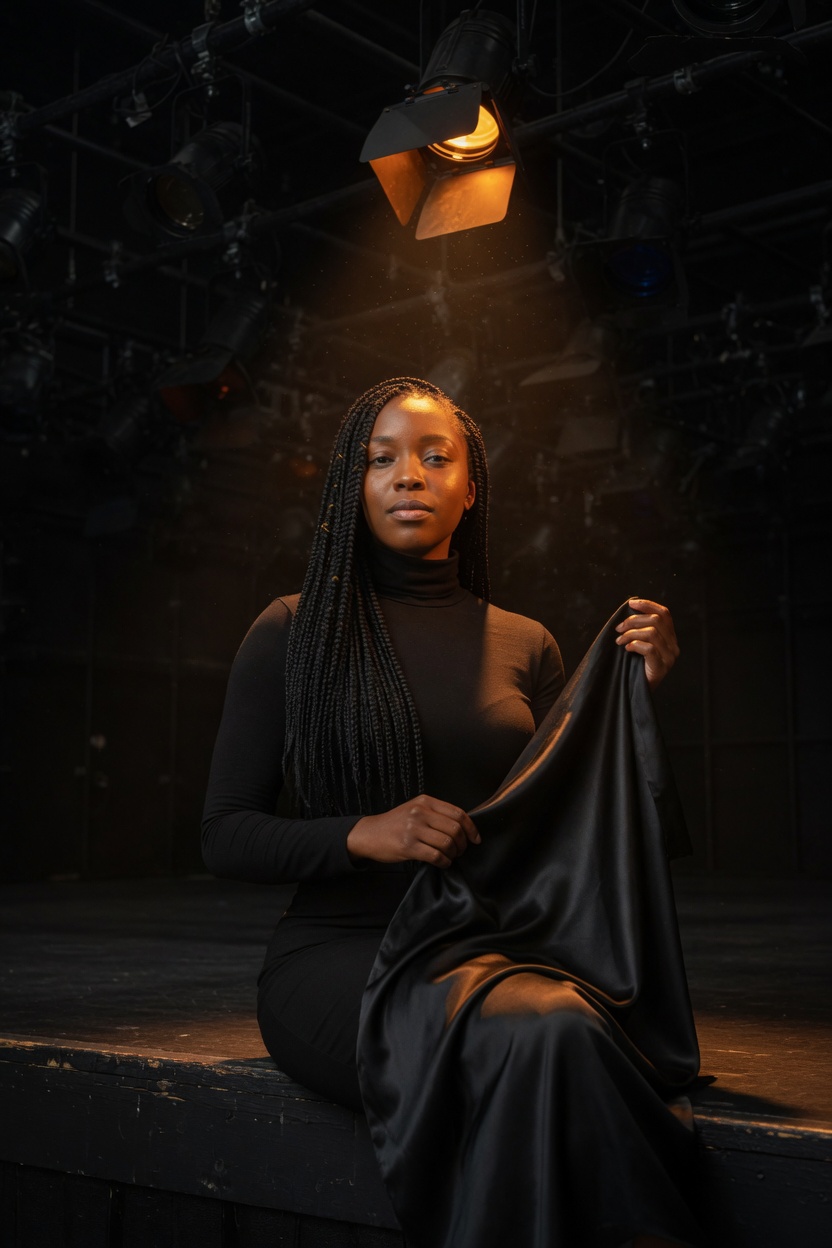 Celeste seated on a stage apron in the turtleneck, a length of black silk in her hands, grid dark behind her except one warm lamp.
