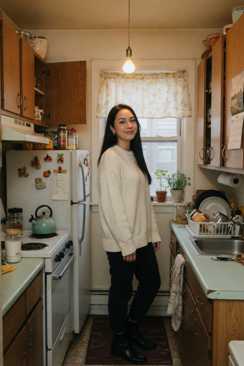 Chloe, a clearly adult woman of 24, long black hair, cream sweater, standing in a small apartment kitchen.