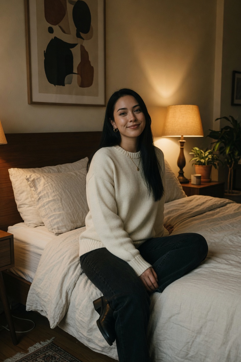 Chloe on the apartment bed in the cream sweater, lamp on, no books with readable titles.