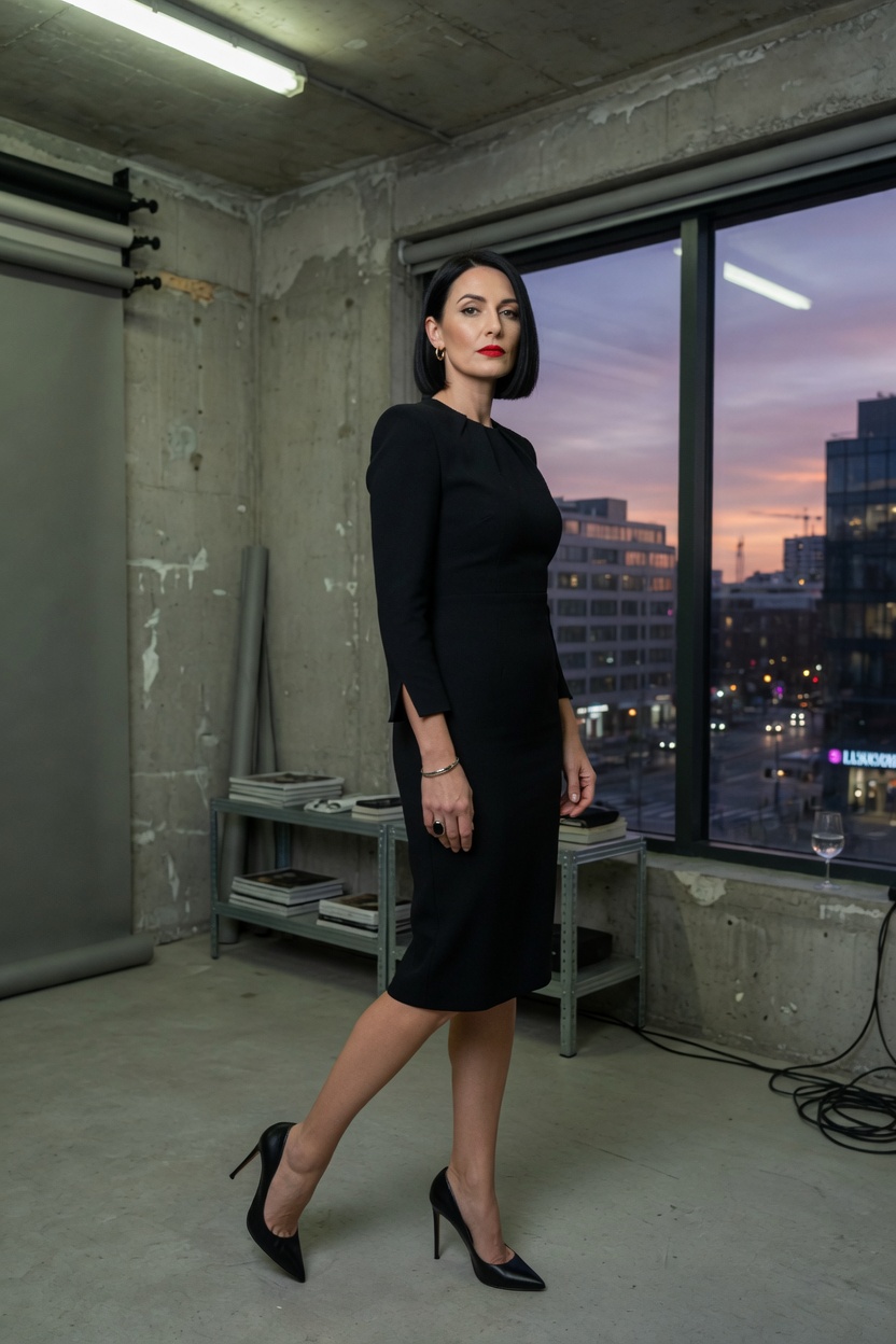 Claudia standing in the black dress, one heel extended, city evening through a studio window.
