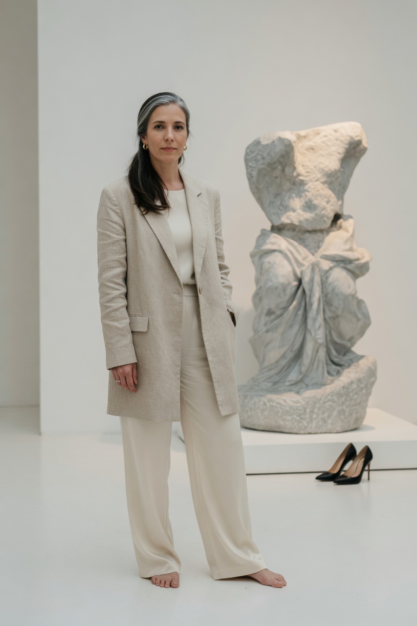 Colette in an oatmeal linen blazer and silk trousers, barefoot on the white gallery floor, heels set beside a stone sculpture.