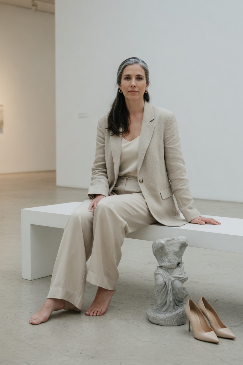 Colette on a low gallery bench in an oatmeal linen blazer and silk trousers, barefoot, heels set beside a stone sculpture.