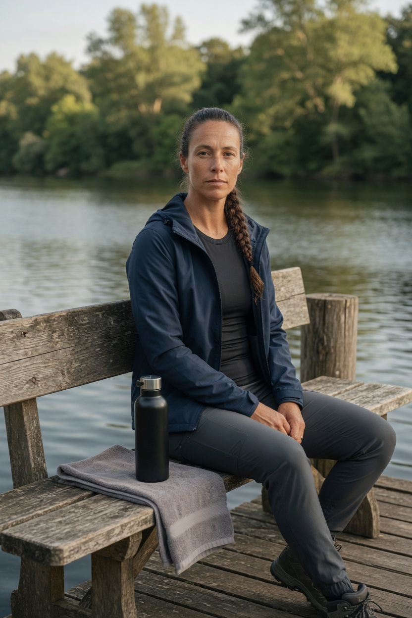 Constance seated on a dock bench, jacket open over a black top, a towel and a water bottle beside her, river behind.
