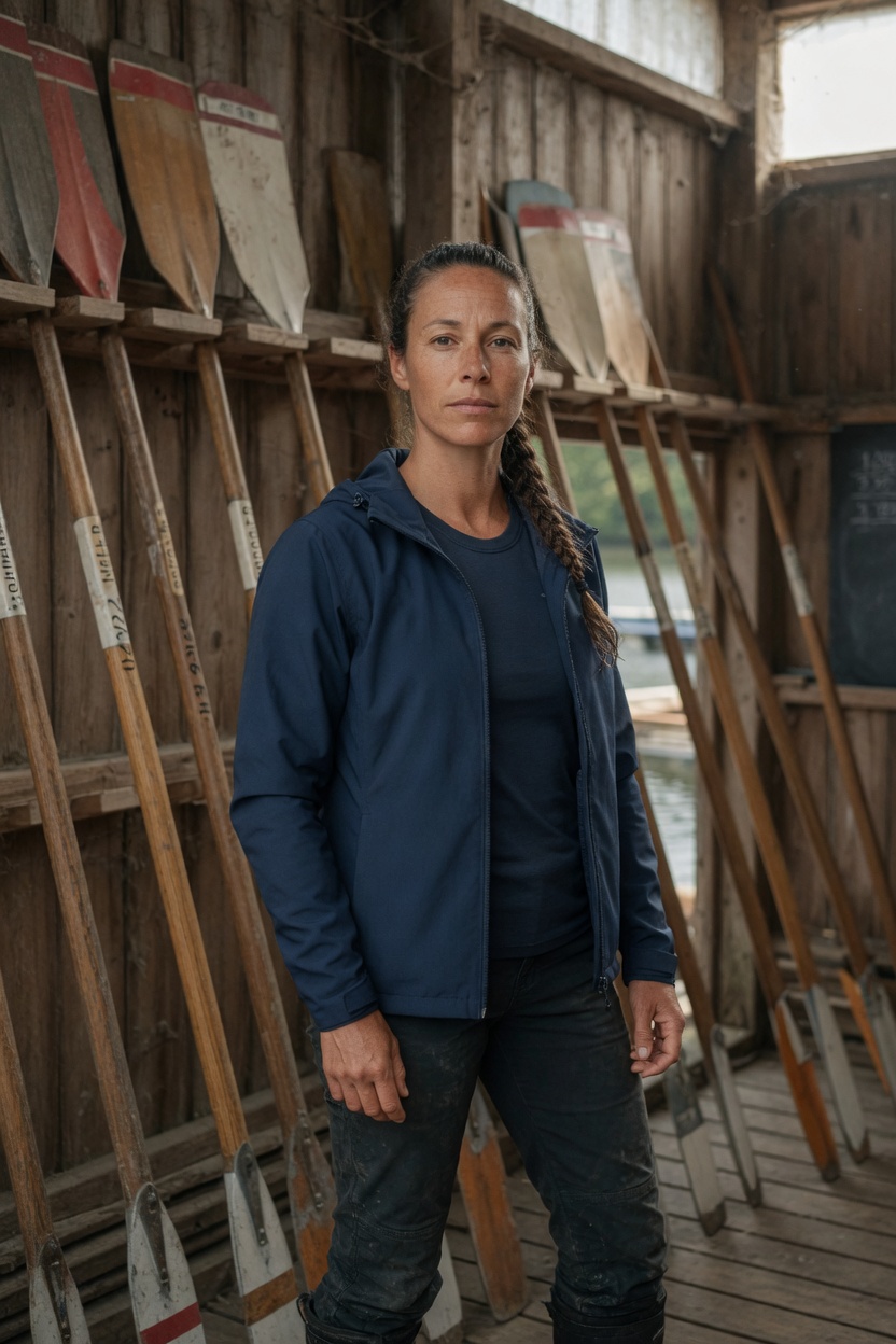 Constance with a sport braid, plain navy jacket with no lettering, standing in a wooden boathouse, oars racked.