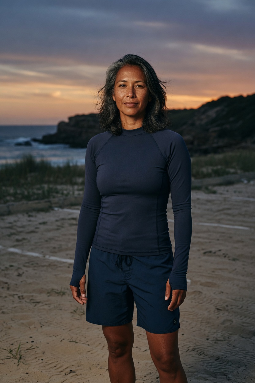 Cove with sun-brown skin and shoulder-length dark hair, navy rash guard and board shorts, standing in a sandy parking lot at dusk.
