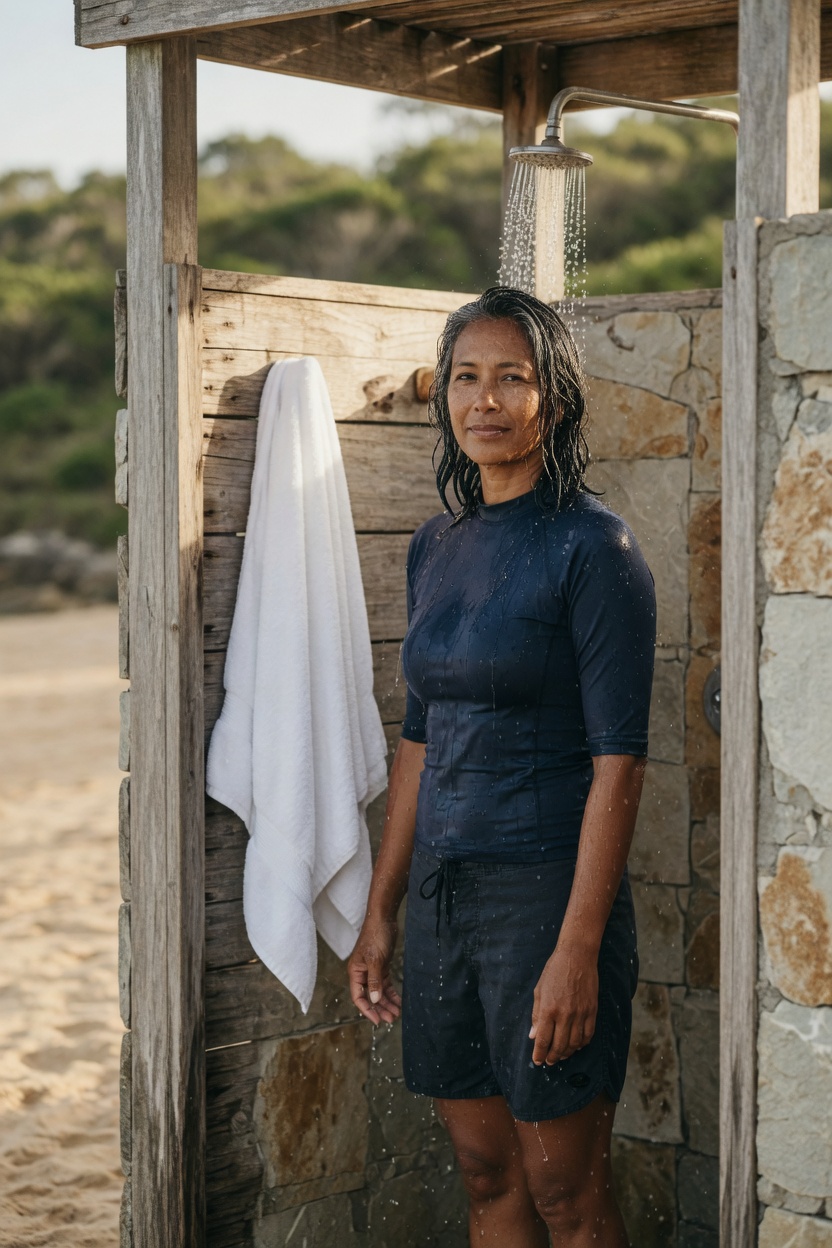 Cove in a navy rash guard and board shorts, hair wet, standing in an open-air shower stall with a towel on a hook.