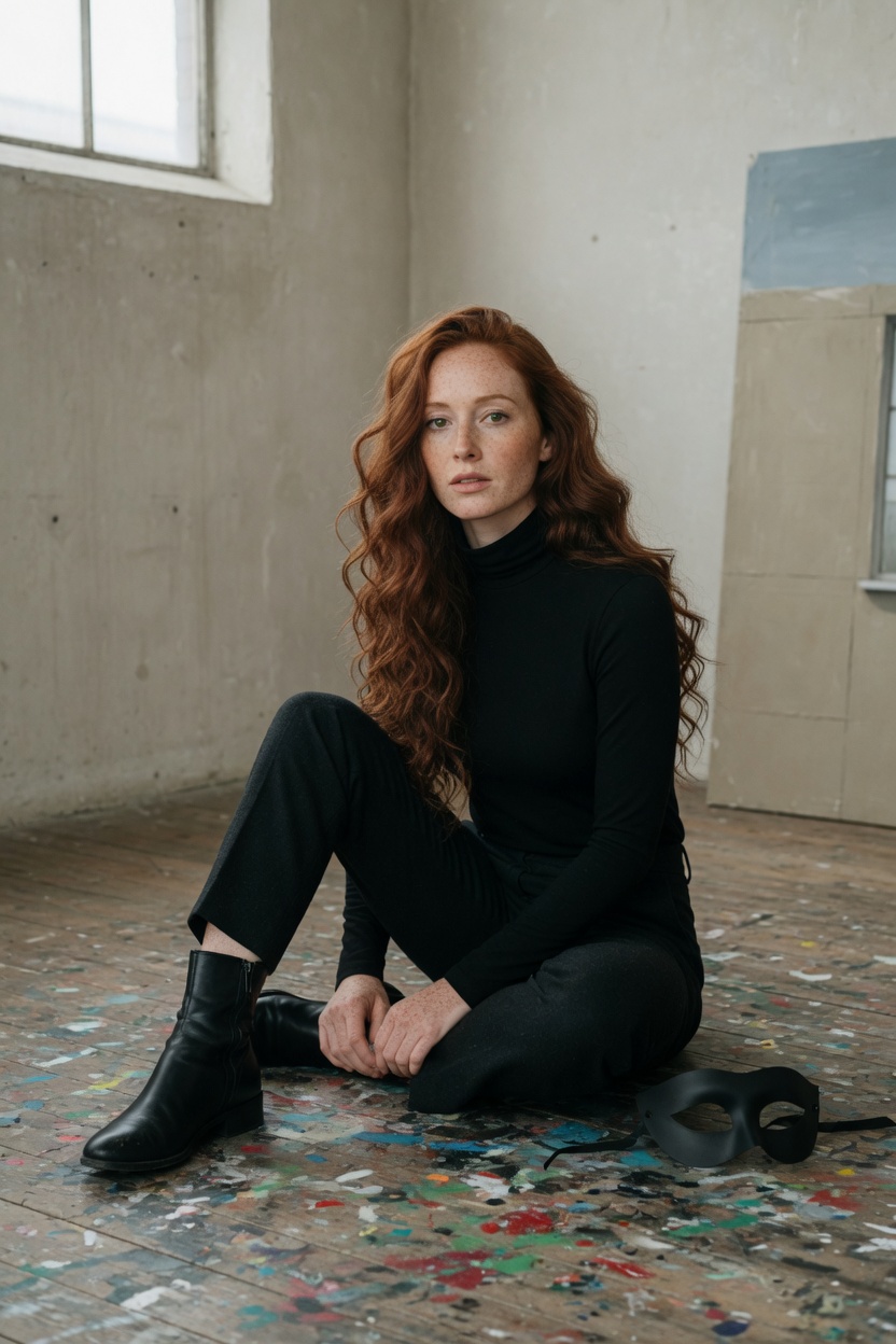Dahlia in a black turtleneck and black trousers, auburn hair down, seated on a paint-stained loft floor, mask beside her knee.