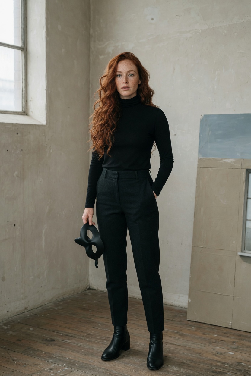 Dahlia with long auburn waves and freckles, black turtleneck and black trousers, holding a plain black mask, standing in a loft.