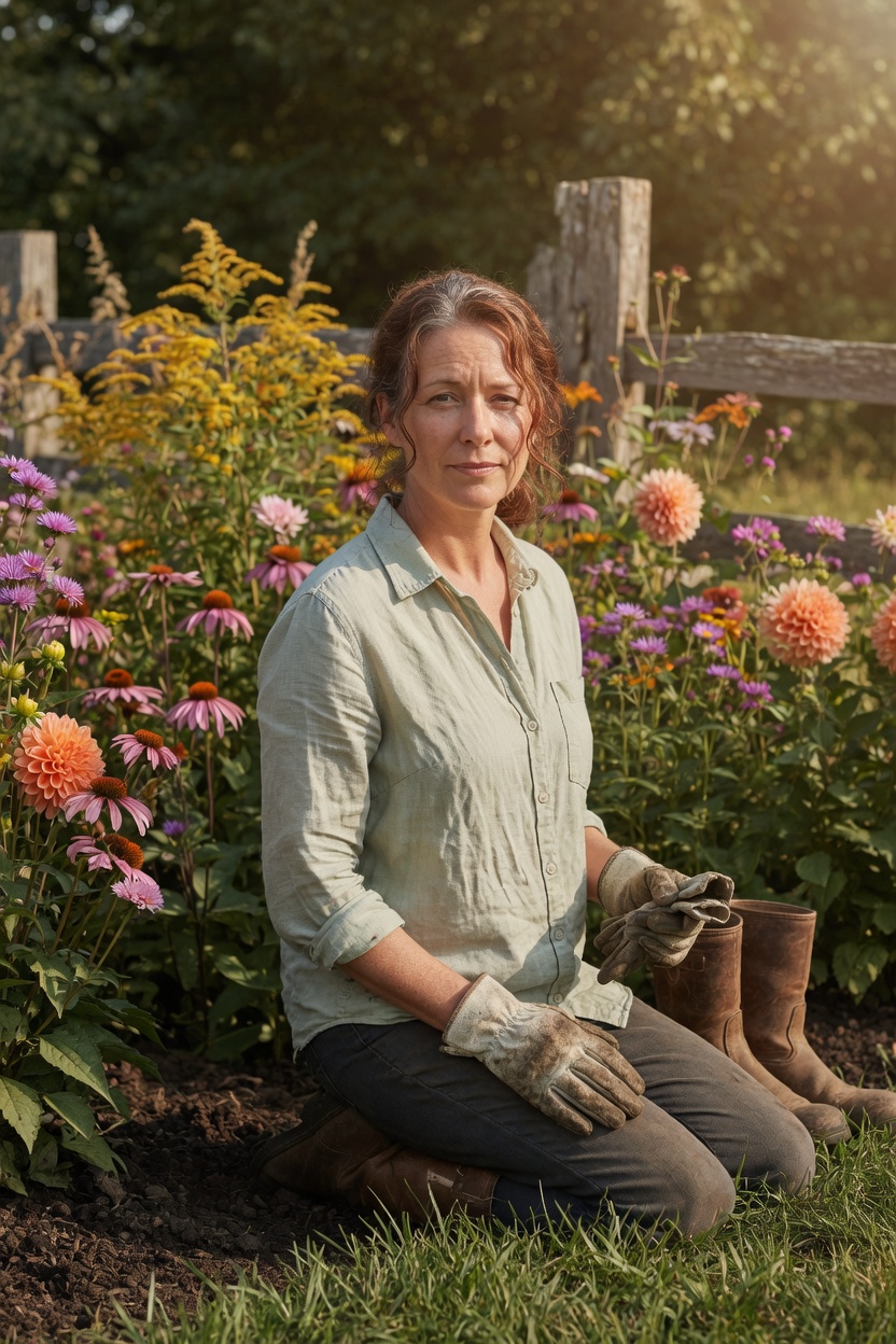 Deborah in a linen shirt and garden gloves, auburn hair with grey, kneeling by a flower border, boots beside her.