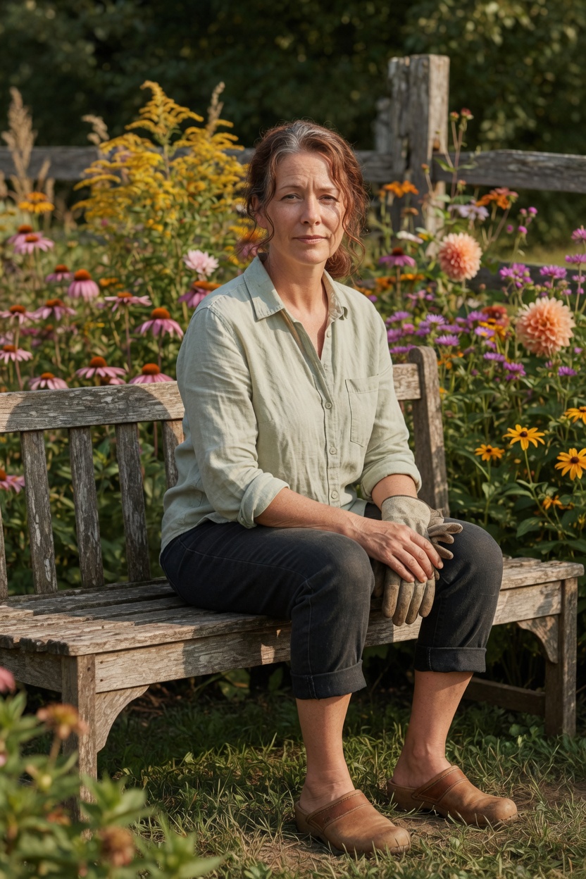 Deborah on a garden bench, linen shirt, gloves in her lap, late light.