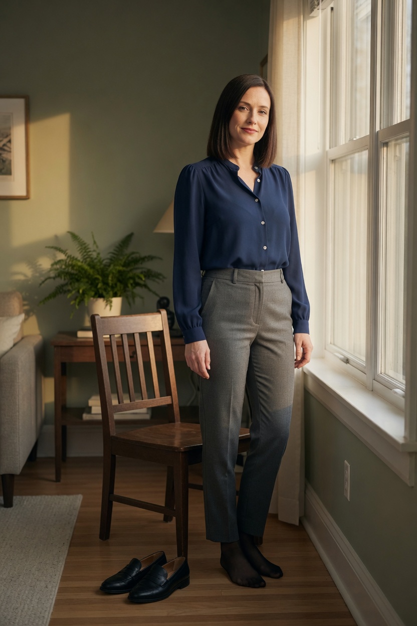 Denise in a navy blouse, Saturday morning by the window, shoes off, a chair beside her.